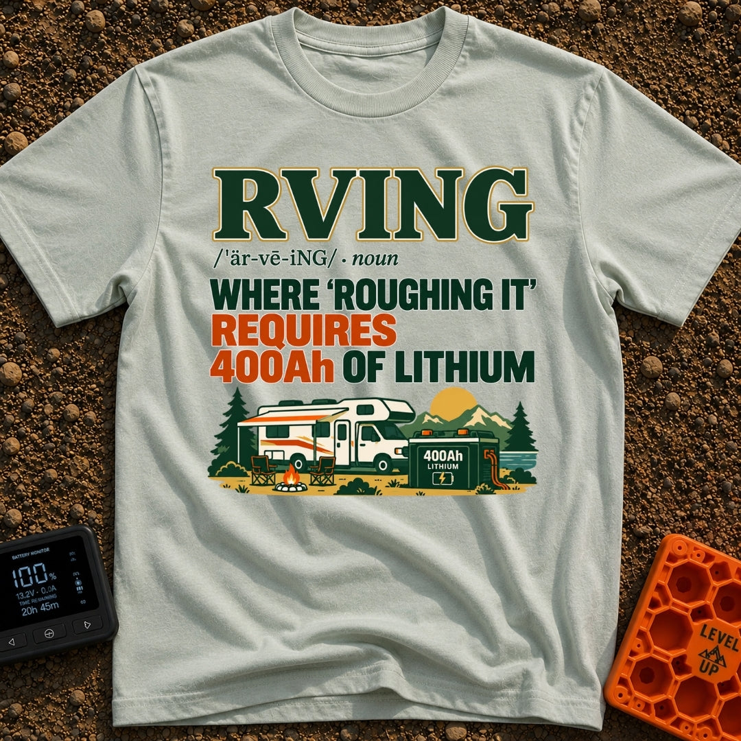 Hardly Roughing It - T-Shirt in Bay - A text-heavy design featuring dictionary-style typography above an illustration of...