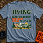 Hardly Roughing It - T-Shirt in Blue Jean - A text-heavy design featuring dictionary-style typography above an...