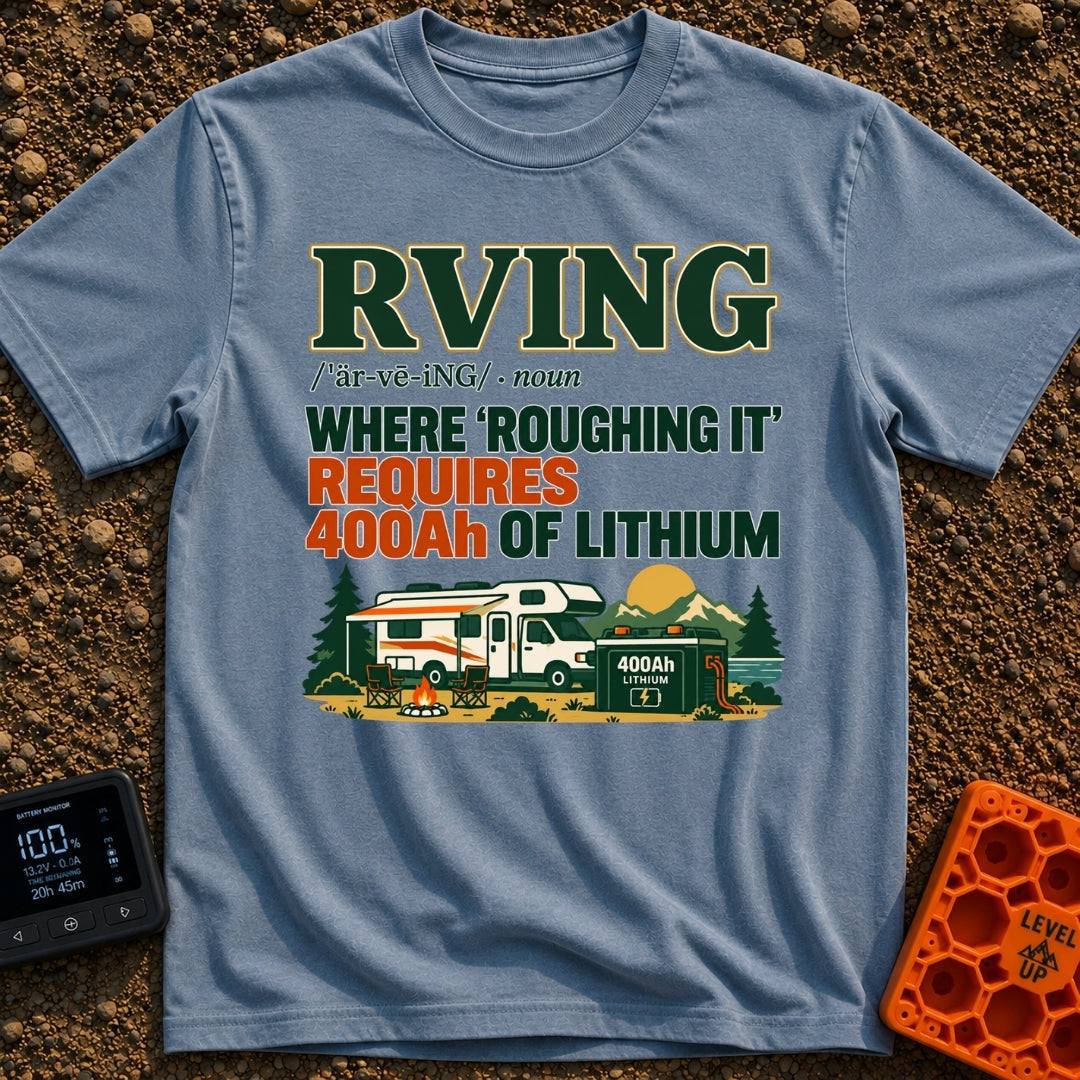 Hardly Roughing It - T-Shirt in Blue Jean - A text-heavy design featuring dictionary-style typography above an...