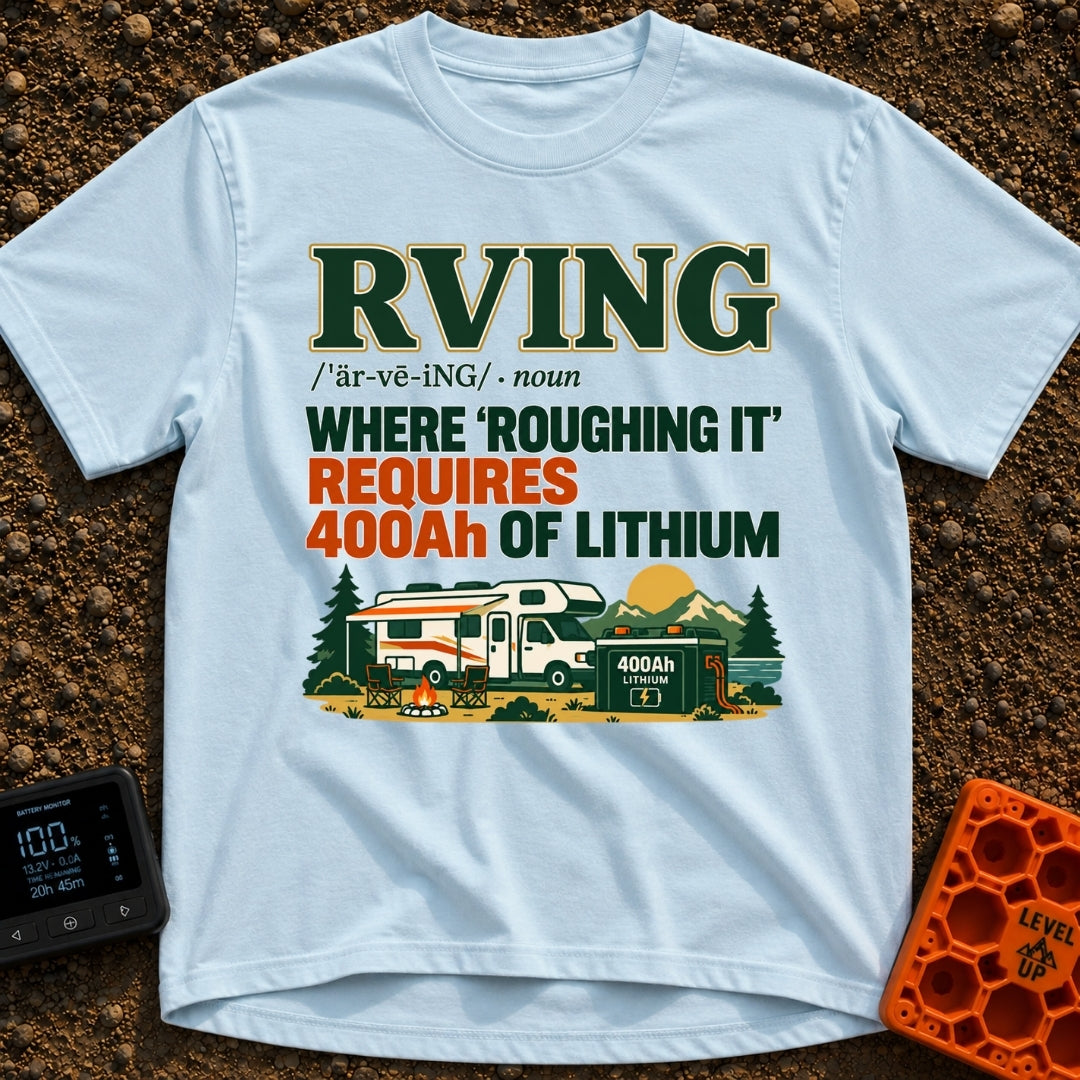 Hardly Roughing It - T-Shirt in Chambray - A text-heavy design featuring dictionary-style typography above an...