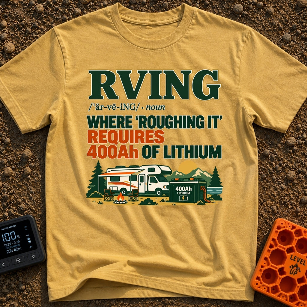 Hardly Roughing It - T-Shirt in Mustard - A text-heavy design featuring dictionary-style typography above an illustration...