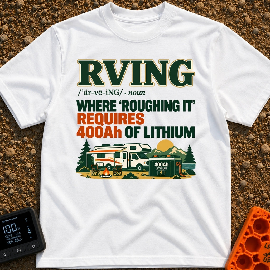 Hardly Roughing It - T-Shirt in White - A text-heavy design featuring dictionary-style typography above an illustration...