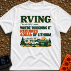 Hardly Roughing It - T-Shirt in White - A text-heavy design featuring dictionary-style typography above an illustration...