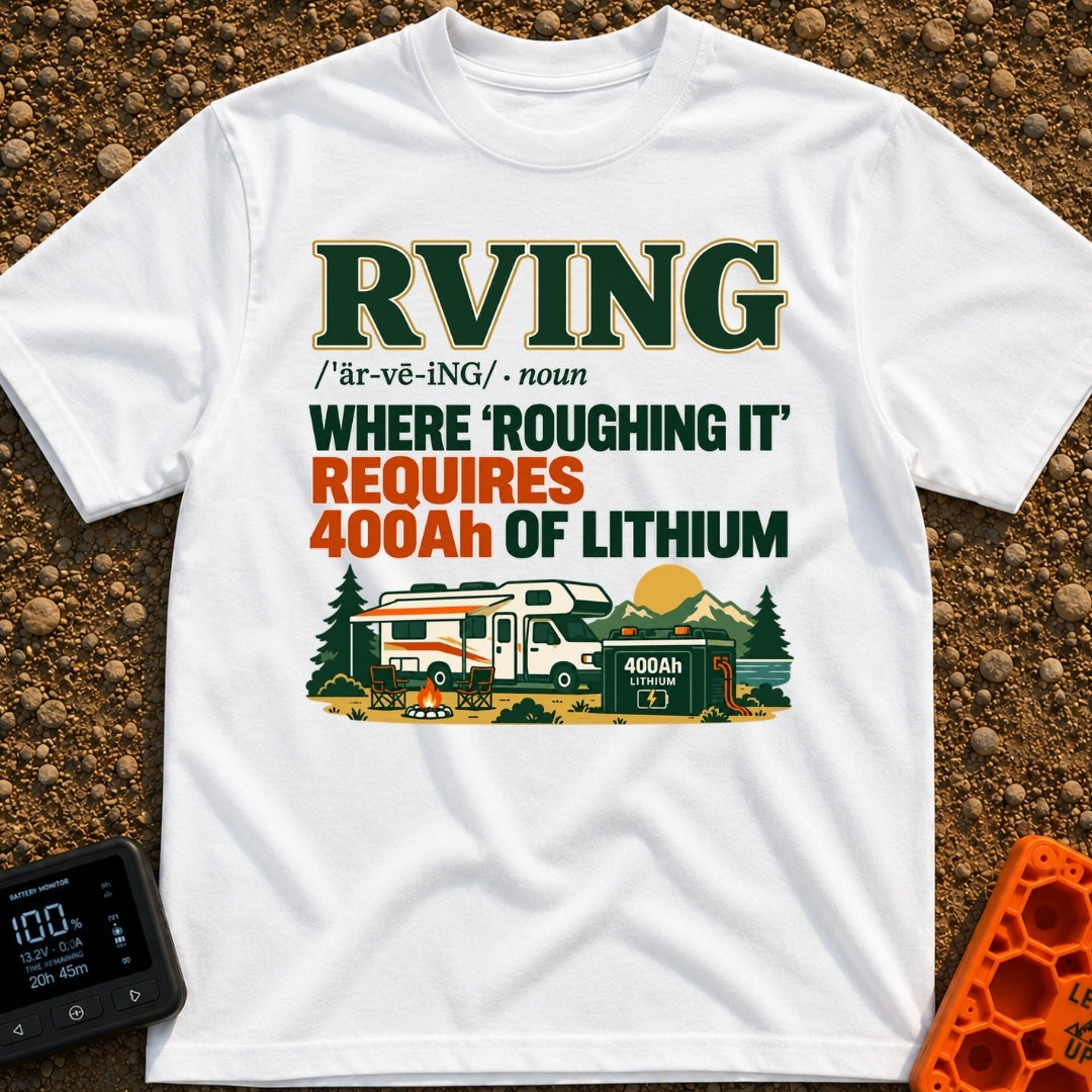 Hardly Roughing It - T-Shirt in White - A text-heavy design featuring dictionary-style typography above an illustration...