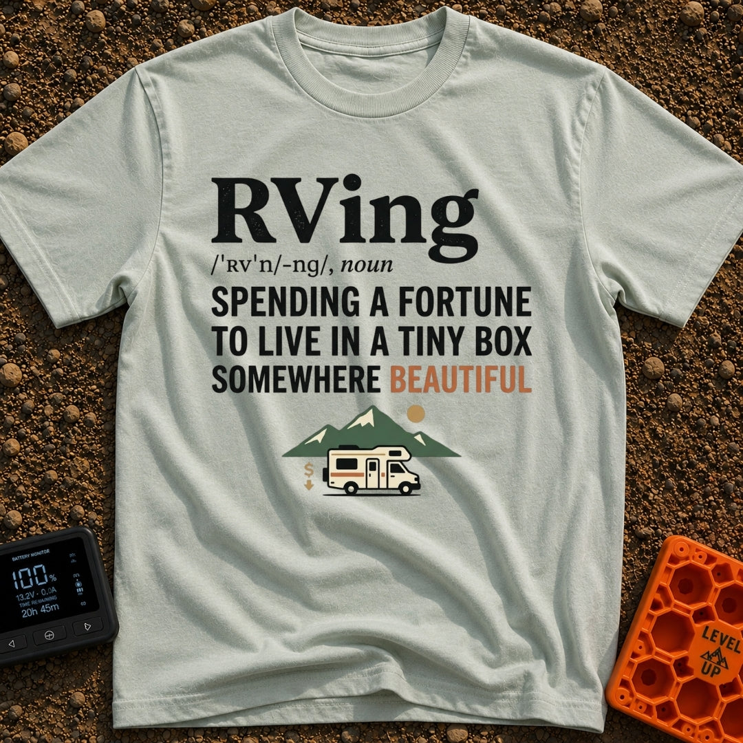 Wheels Of Fortune - T-Shirt in Bay - Text formatting the word "RVing" as a dictionary definition that reads "SPENDING A...