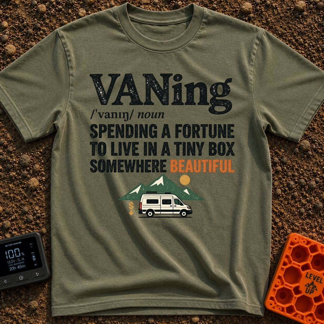 VANing On Four Wheels - T-Shirt in Moss - A dictionary-style definition of the word 'VANing', followed by the text...