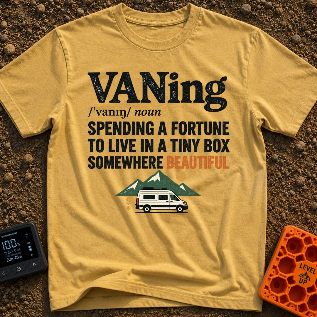 VANing On Four Wheels - T-Shirt in Mustard - A dictionary-style definition of the word 'VANing', followed by the text...
