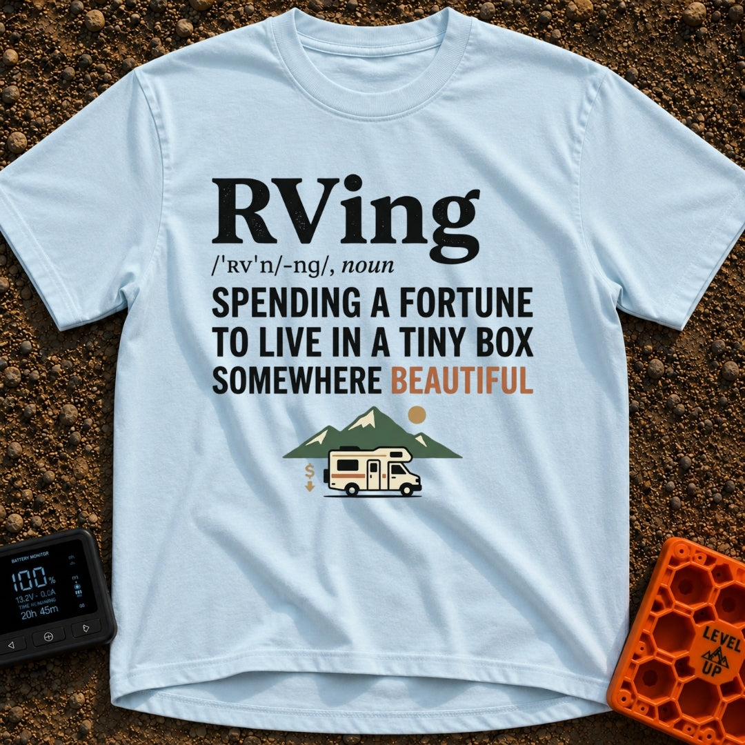 Wheels Of Fortune - T-Shirt in Chambray - Text formatting the word "RVing" as a dictionary definition that reads...