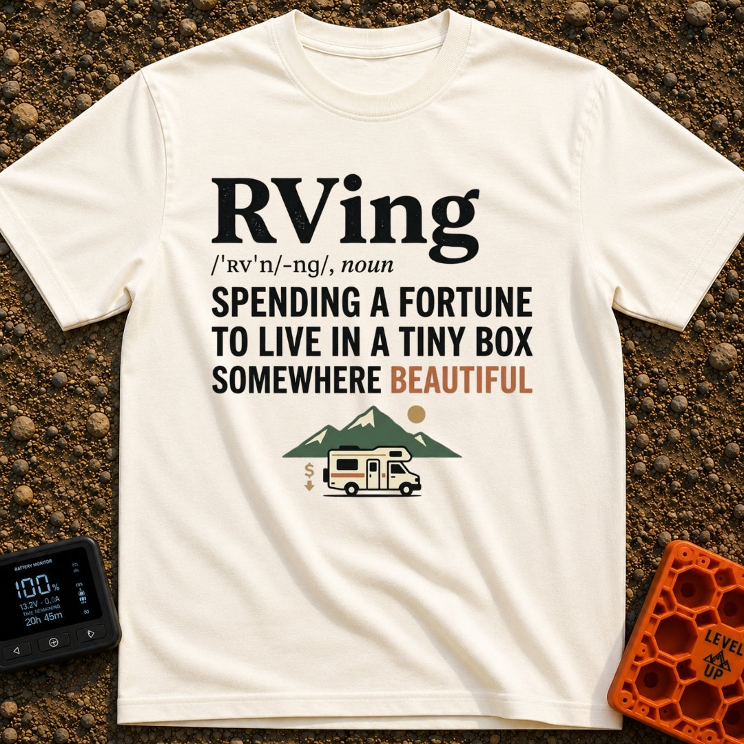 Wheels Of Fortune - T-Shirt in Ivory - Text formatting the word "RVing" as a dictionary definition that reads "SPENDING A...