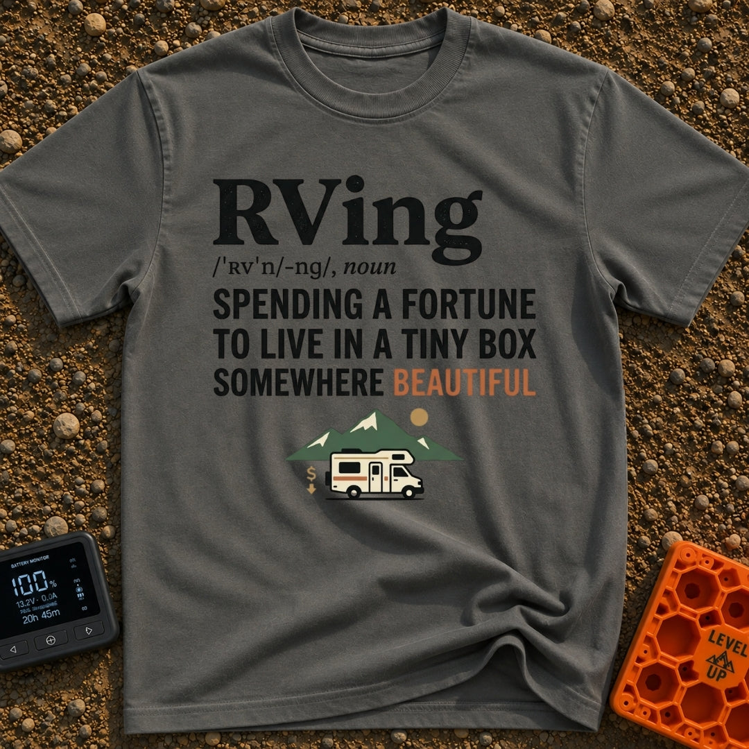 Wheels Of Fortune - T-Shirt in Pepper - Text formatting the word "RVing" as a dictionary definition that reads "SPENDING...