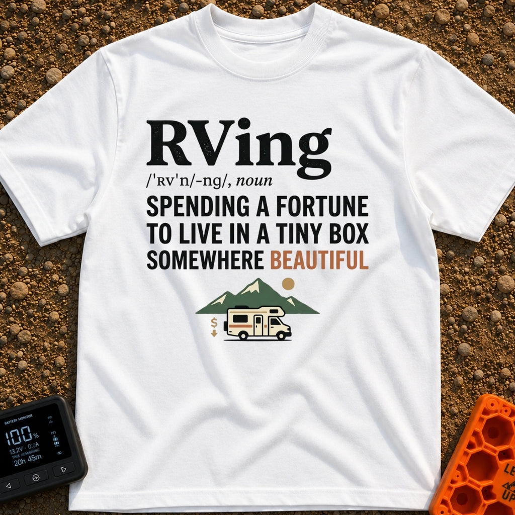Wheels Of Fortune - T-Shirt in White - Text formatting the word "RVing" as a dictionary definition that reads "SPENDING A...