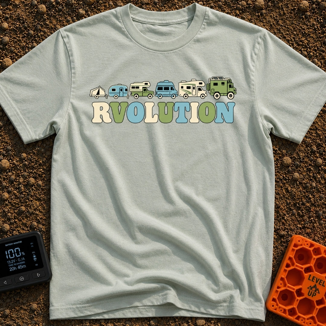 Join The RVolution - T-Shirt in Bay - An illustration showing the evolution of camping vehicles in a row from left to...