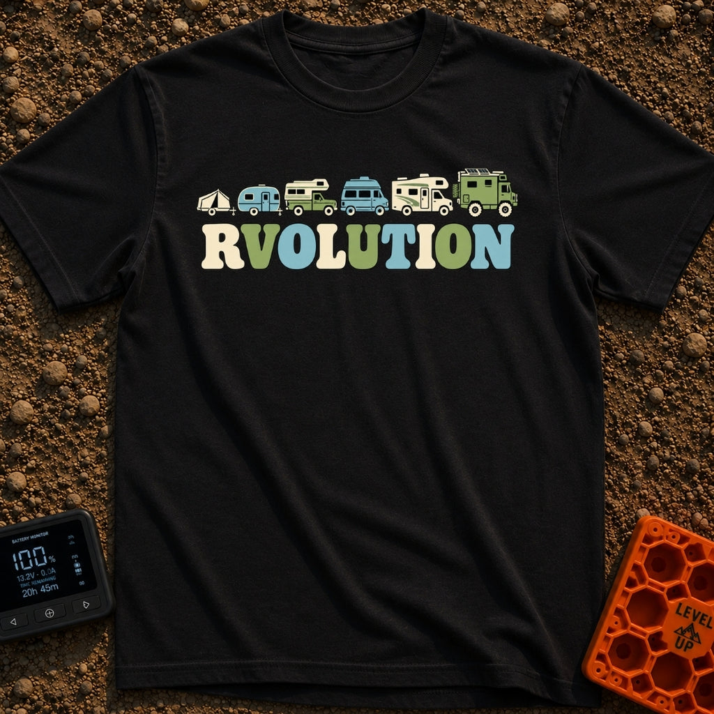 Join The RVolution - T-Shirt in Black - An illustration showing the evolution of camping vehicles in a row from left to...