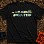 Join The RVolution - T-Shirt in Black - An illustration showing the evolution of camping vehicles in a row from left to...