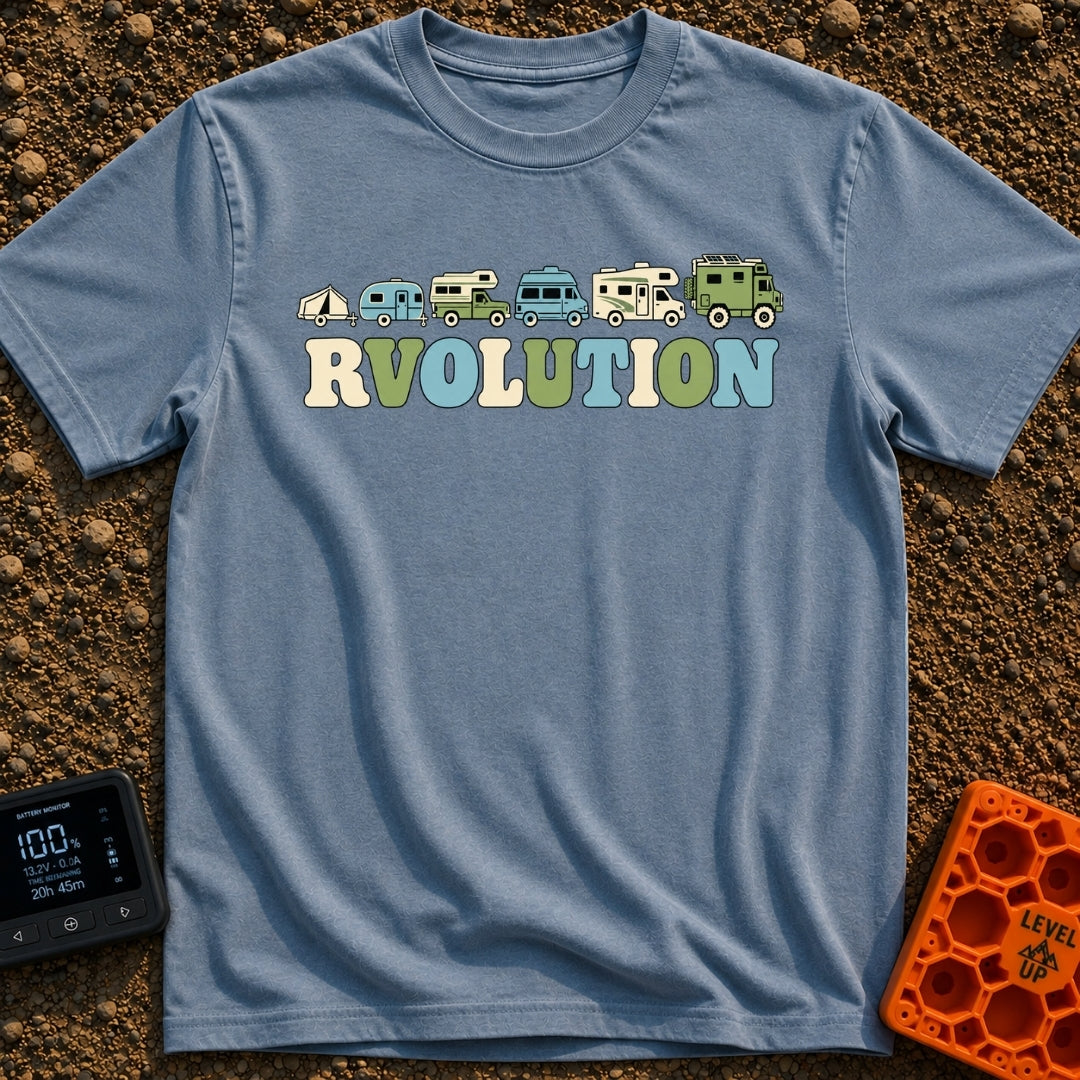 Join The RVolution - T-Shirt in Blue Jean - An illustration showing the evolution of camping vehicles in a row from left...