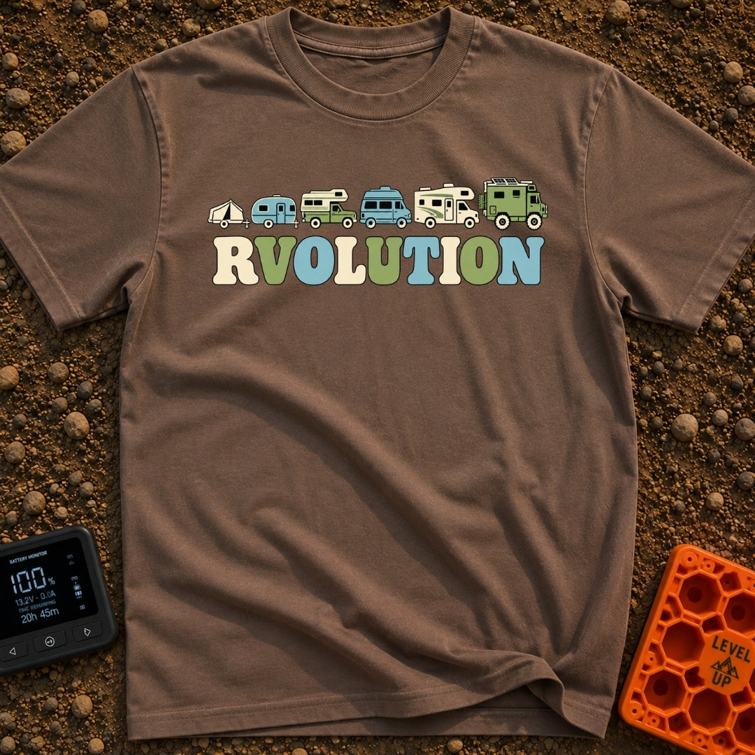 Join The RVolution - T-Shirt in Espresso - An illustration showing the evolution of camping vehicles in a row from left...