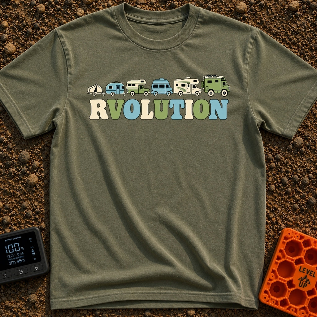 Join The RVolution - T-Shirt in Moss - An illustration showing the evolution of camping vehicles in a row from left to...