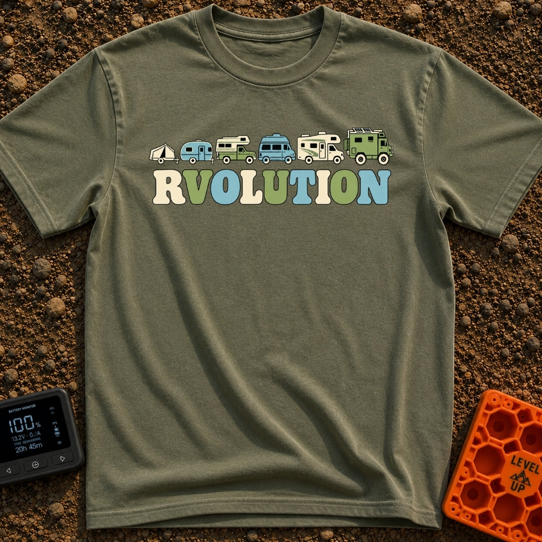 Join The RVolution - T-Shirt in Moss - An illustration showing the evolution of camping vehicles in a row from left to...