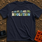 Join The RVolution - T-Shirt in Navy - An illustration showing the evolution of camping vehicles in a row from left to...