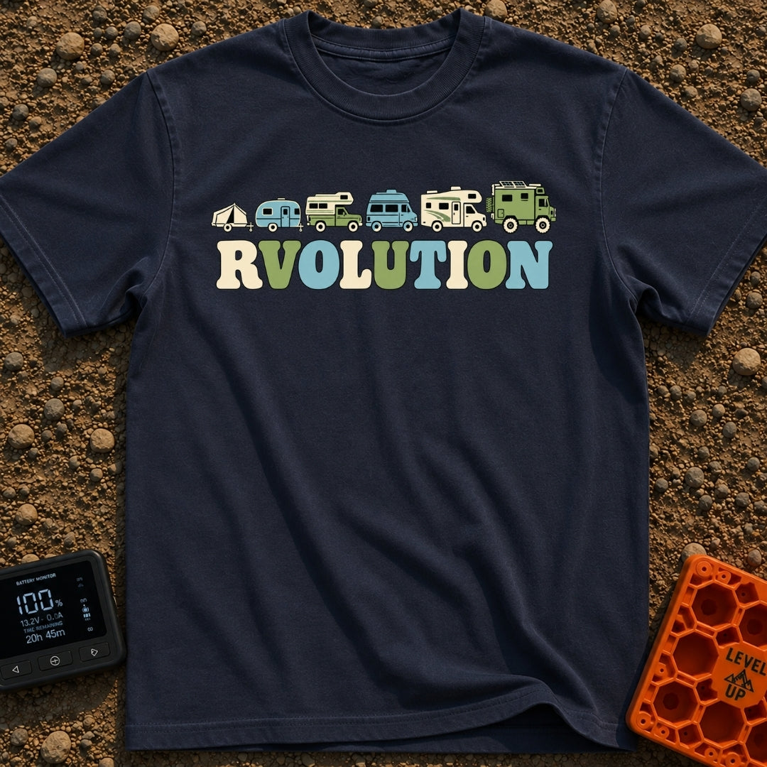 Join The RVolution - T-Shirt in Navy - An illustration showing the evolution of camping vehicles in a row from left to...