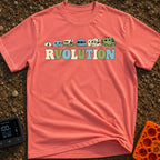 Join The RVolution - T-Shirt in Watermelon - An illustration showing the evolution of camping vehicles in a row from left...