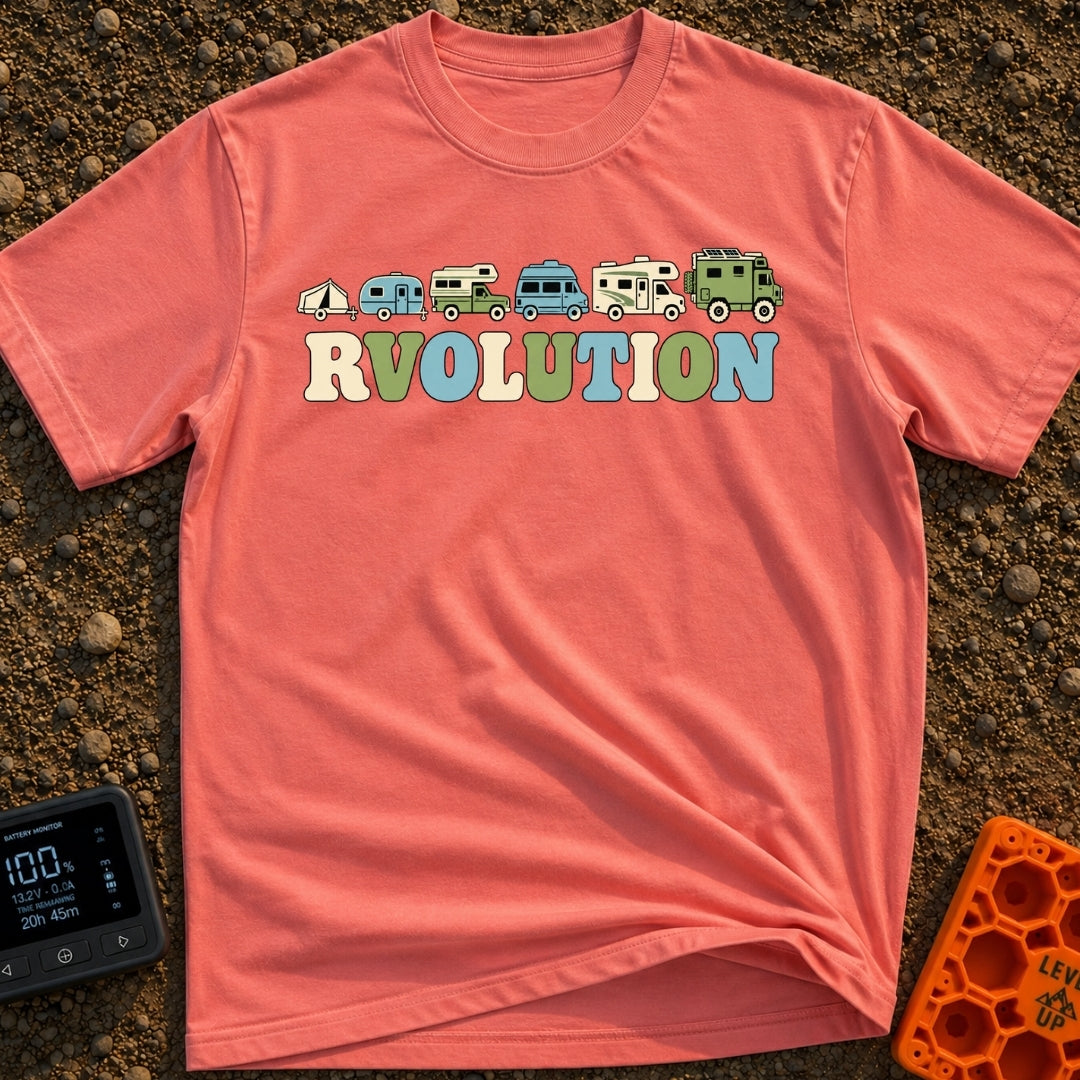 Join The RVolution - T-Shirt in Watermelon - An illustration showing the evolution of camping vehicles in a row from left...