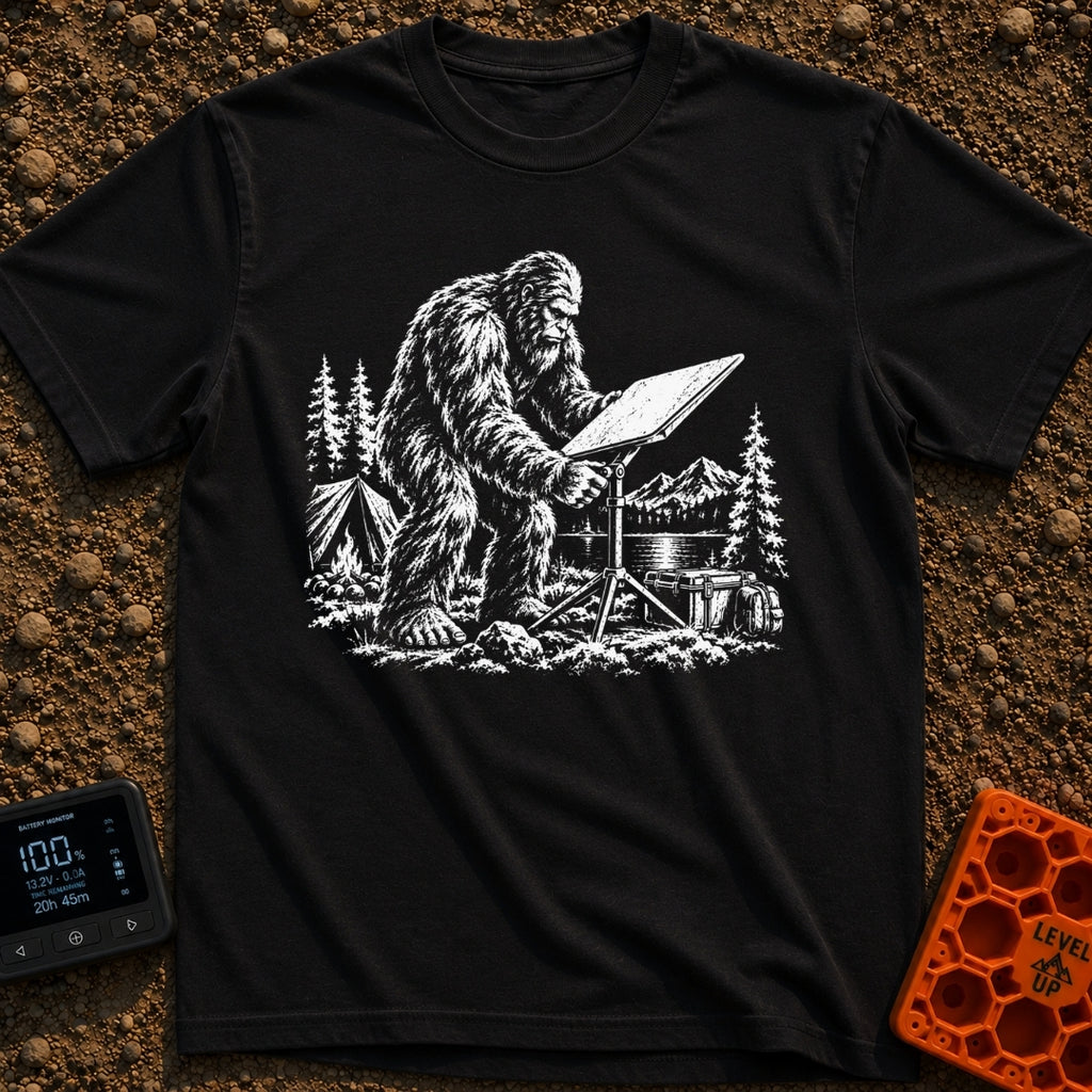 Sasquatch Seeking Signal - T-Shirt in Black - A black-and-white illustration of a Sasquatch adjusting a flat satellite...