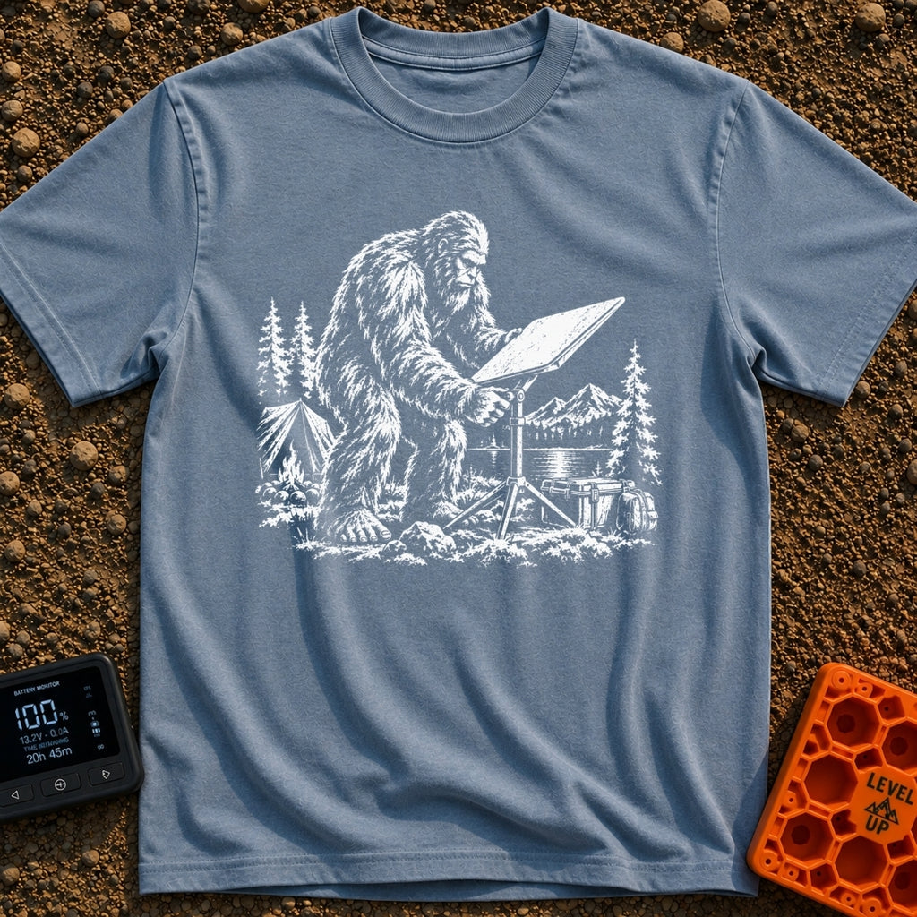 Sasquatch Seeking Signal - T-Shirt in Blue Jean - A black-and-white illustration of a Sasquatch adjusting a flat...