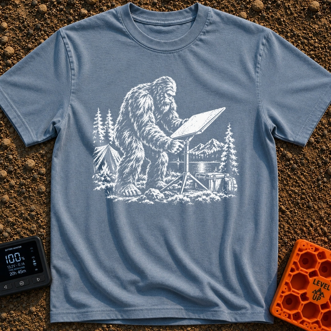 Sasquatch Seeking Signal - T-Shirt in Blue Jean - A black-and-white illustration of a Sasquatch adjusting a flat...