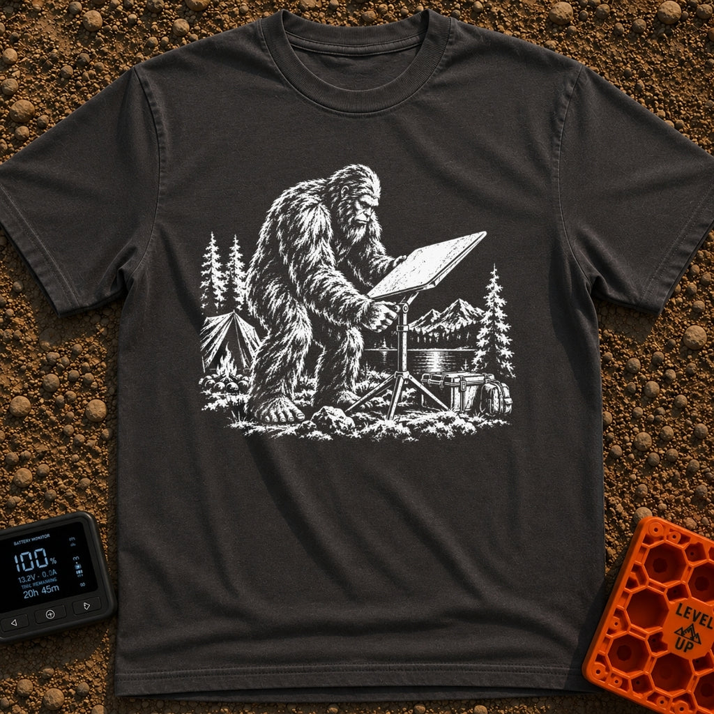 Sasquatch Seeking Signal - T-Shirt in Graphite - A black-and-white illustration of a Sasquatch adjusting a flat satellite...