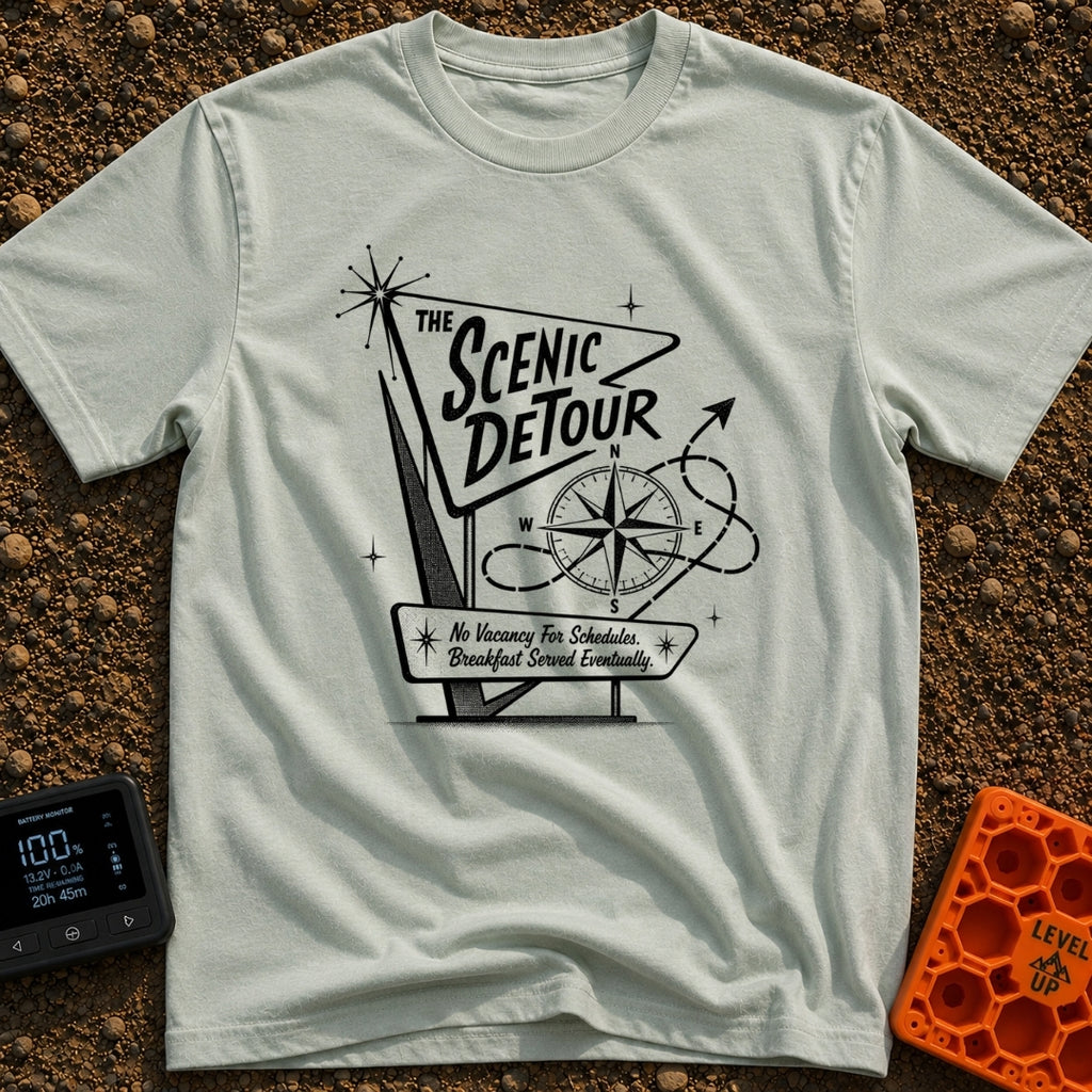 Take The Scenic Route - T-Shirt in Bay - A black and white illustration of a retro, mid-century style roadside sign that...