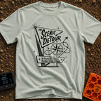 Take The Scenic Route - T-Shirt in Bay - A black and white illustration of a retro, mid-century style roadside sign that...