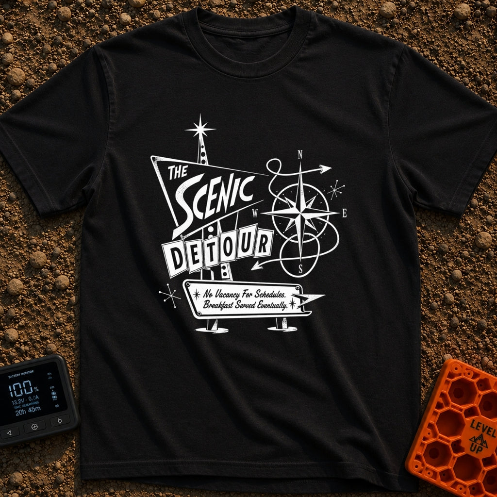 Take The Scenic Route - T-Shirt in Black - A black and white illustration of a retro, mid-century style roadside sign...