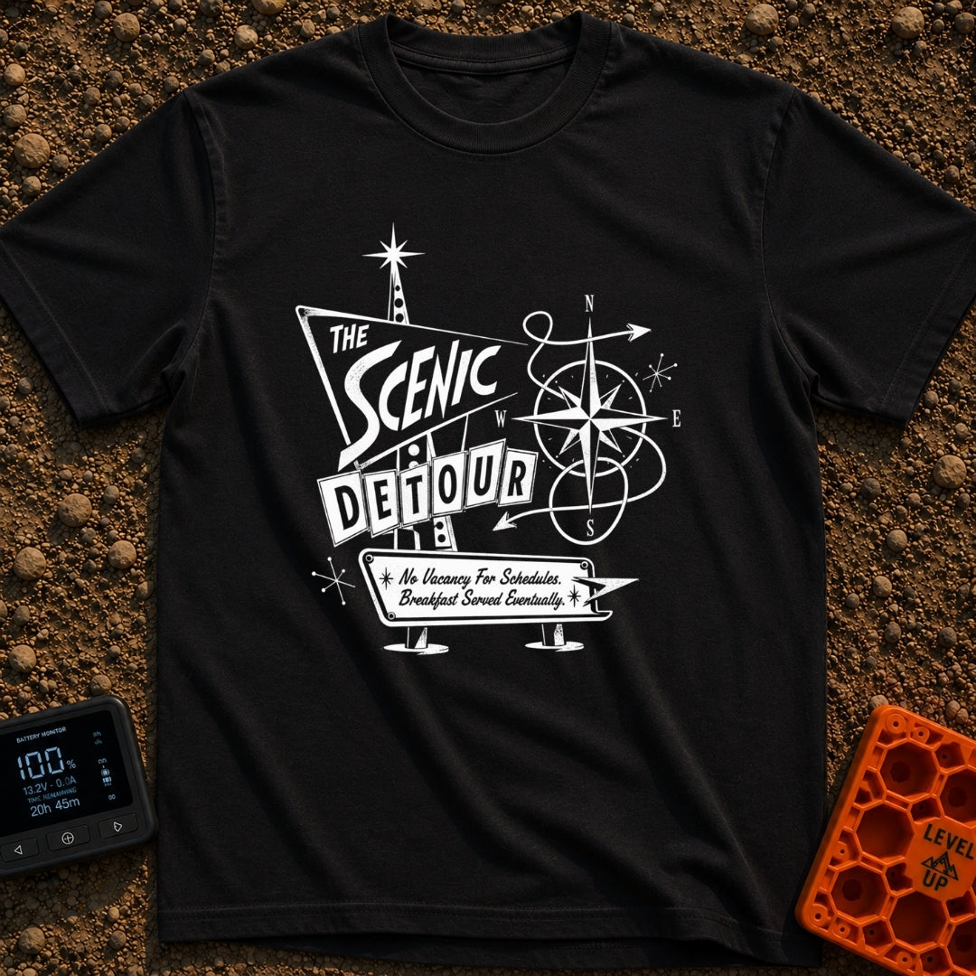 Take The Scenic Route - T-Shirt in Black - A black and white illustration of a retro, mid-century style roadside sign...