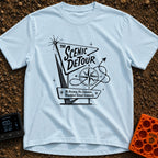 Take The Scenic Route - T-Shirt in Chambray - A black and white illustration of a retro, mid-century style roadside sign...