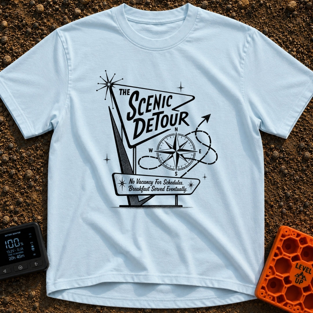 Take The Scenic Route - T-Shirt in Chambray - A black and white illustration of a retro, mid-century style roadside sign...