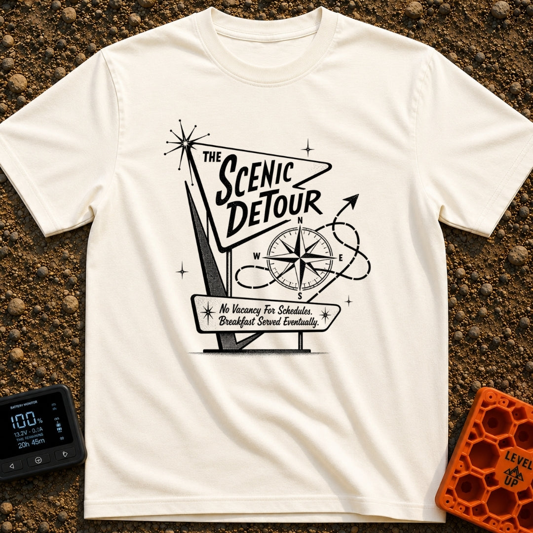 Take The Scenic Route - T-Shirt in Ivory - A black and white illustration of a retro, mid-century style roadside sign...