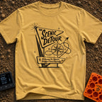 Take The Scenic Route - T-Shirt in Mustard - A black and white illustration of a retro, mid-century style roadside sign...
