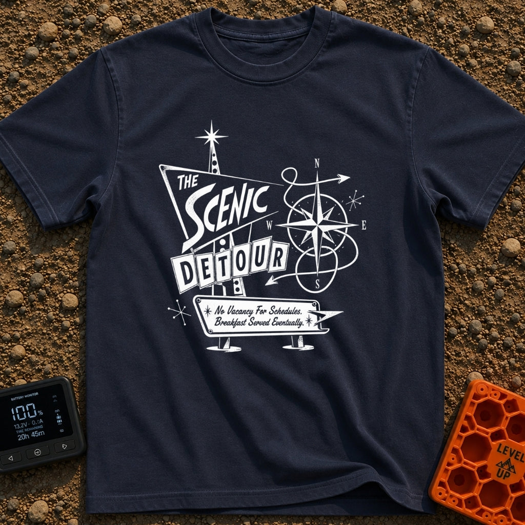 Take The Scenic Route - T-Shirt in Navy - A black and white illustration of a retro, mid-century style roadside sign that...