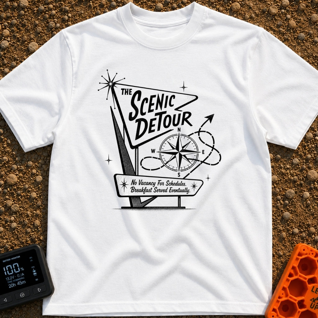 Take The Scenic Route - T-Shirt in White - A black and white illustration of a retro, mid-century style roadside sign...