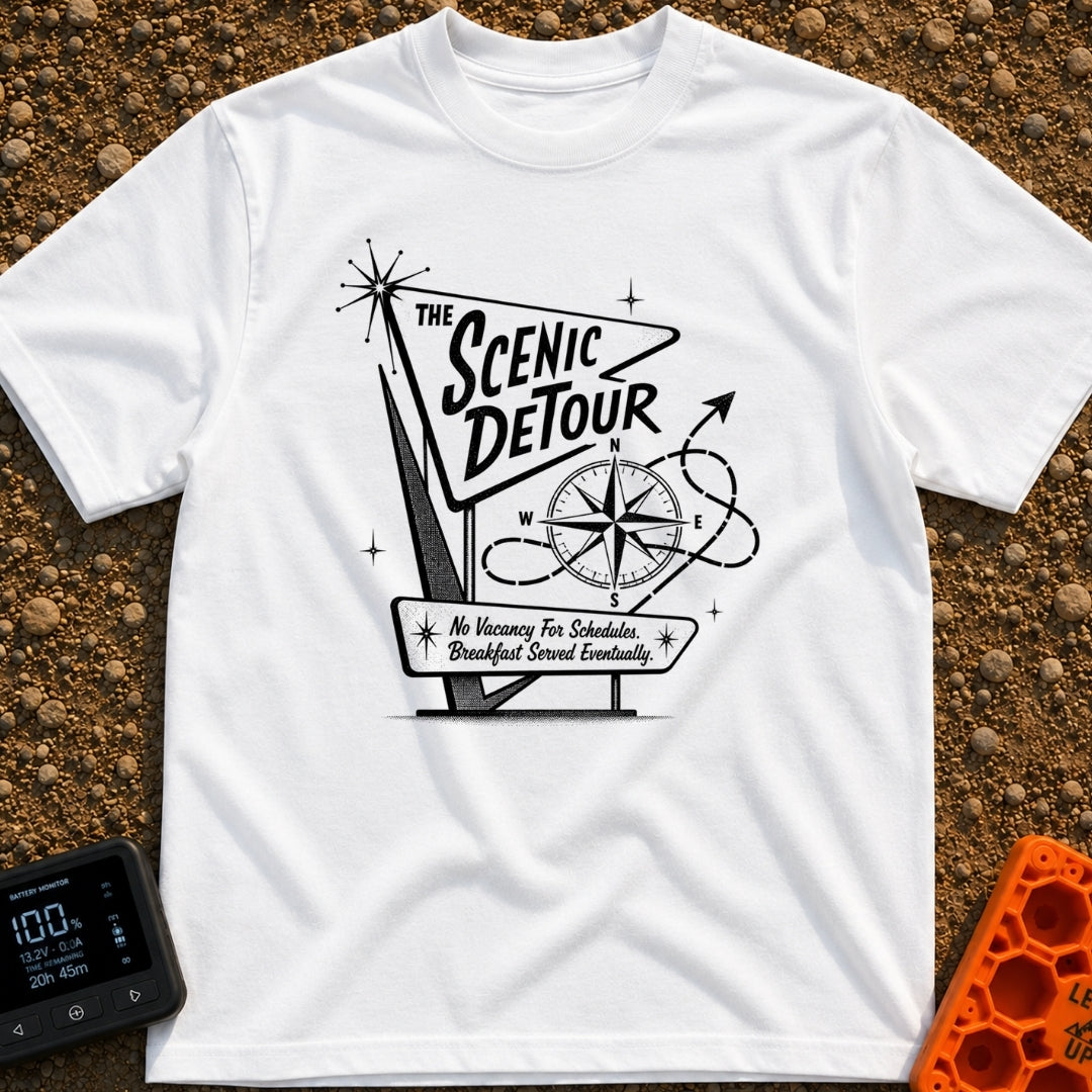 Take The Scenic Route - T-Shirt in White - A black and white illustration of a retro, mid-century style roadside sign...