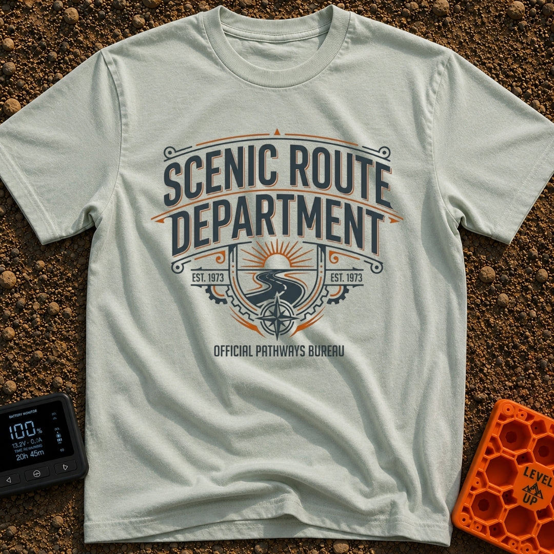 Scenic Route Department - T-Shirt in Bay - A vintage-style emblem featuring the text "SCENIC ROUTE DEPARTMENT" and...