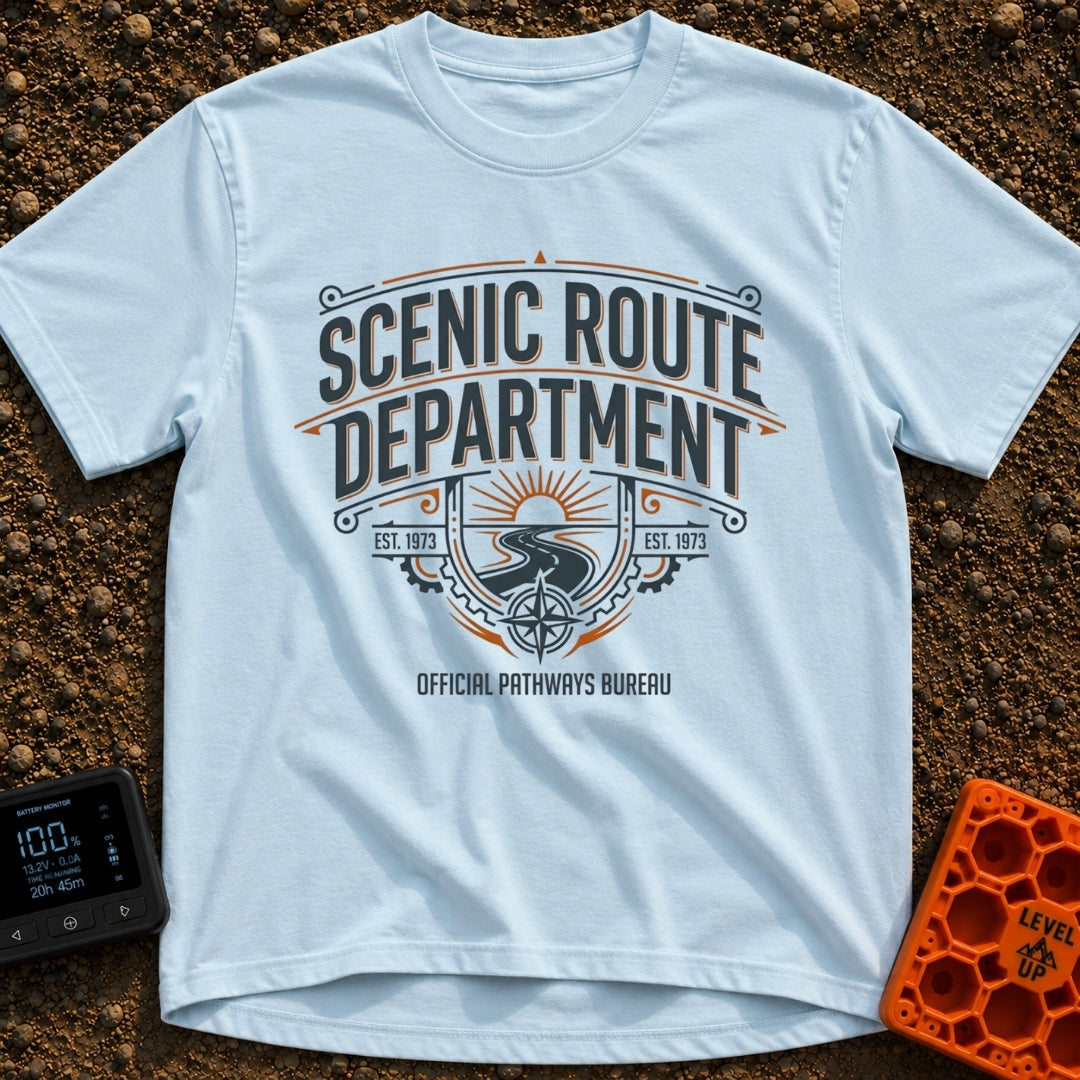Scenic Route Department - T-Shirt in Chambray - A vintage-style emblem featuring the text "SCENIC ROUTE DEPARTMENT" and...