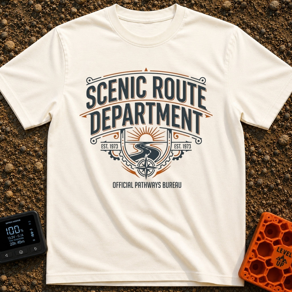 Scenic Route Department - T-Shirt in Ivory - A vintage-style emblem featuring the text "SCENIC ROUTE DEPARTMENT" and...