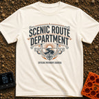 Scenic Route Department - T-Shirt in Ivory - A vintage-style emblem featuring the text "SCENIC ROUTE DEPARTMENT" and...