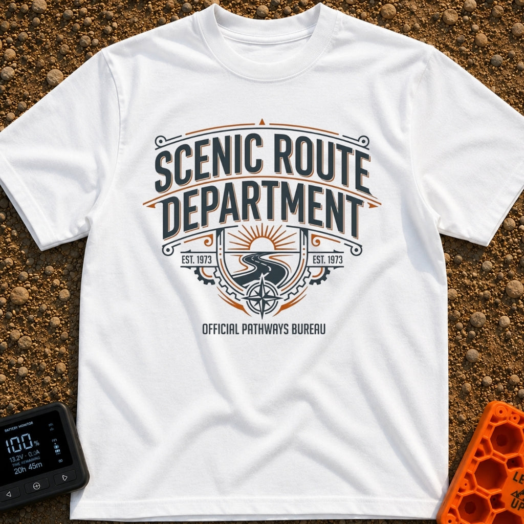 Scenic Route Department - T-Shirt in White - A vintage-style emblem featuring the text "SCENIC ROUTE DEPARTMENT" and...