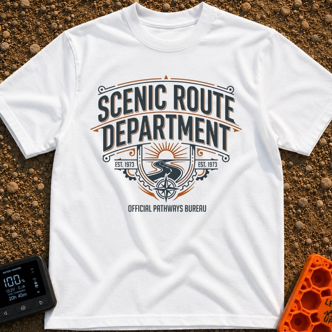 Scenic Route Department - T-Shirt in White - A vintage-style emblem featuring the text "SCENIC ROUTE DEPARTMENT" and...