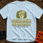 Scenic Route Authority - T-Shirt in Chambray - An olive green crest graphic featuring a compass, mountains, a sun, and a...
