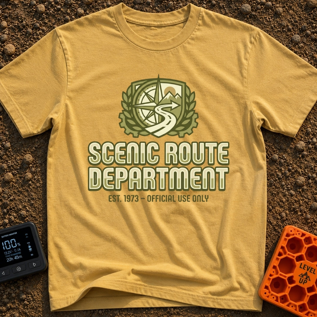 Scenic Route Authority - T-Shirt in Mustard - An olive green crest graphic featuring a compass, mountains, a sun, and a...