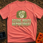 Scenic Route Authority - T-Shirt in Watermelon - An olive green crest graphic featuring a compass, mountains, a sun, and...